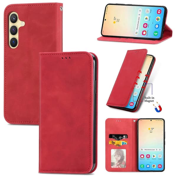 Retro Magnetic Leather Case with Skin Feel Red