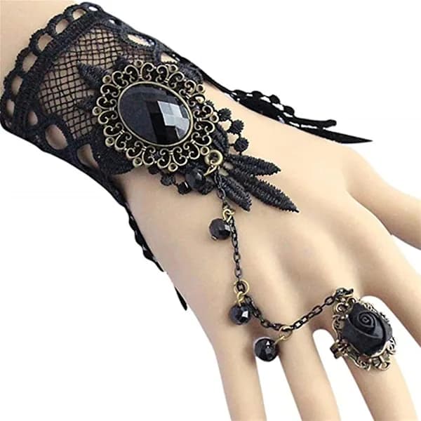 Gotisk Blomstret Blonde Steampunk Armbånd Ring Perlebesatte Handsker[co]