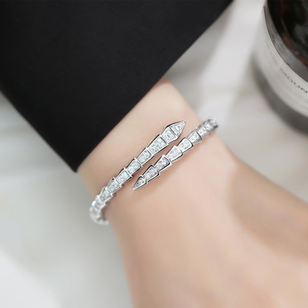 Manschettarmband med orm för kvinnor - Trendigt silverfärgat ormarmband med kubisk zirkonia, smyckespresent för jubileumsfest