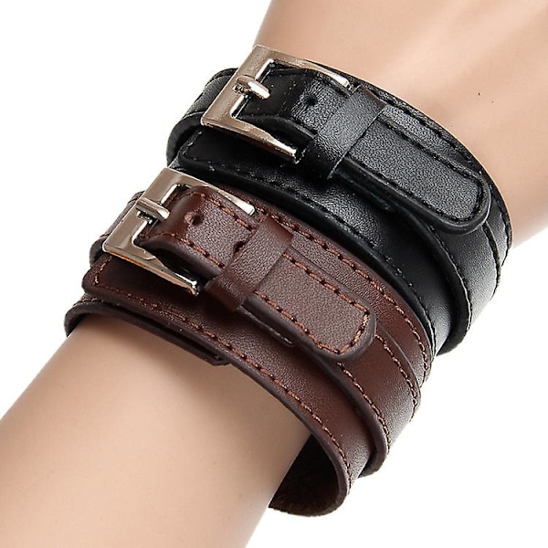 Punk Leather Bracelet Punk Wide Wrist Wrap Cuff Wristband Bangle for Women Men,set of 2pcs-coffee,black