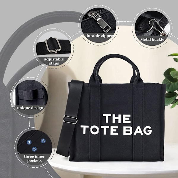 （svart）Dam Tote Bag Canvas Axelväska Sladd Väska med Innerficka Damlogotyp och tryck Stor Tote Bag