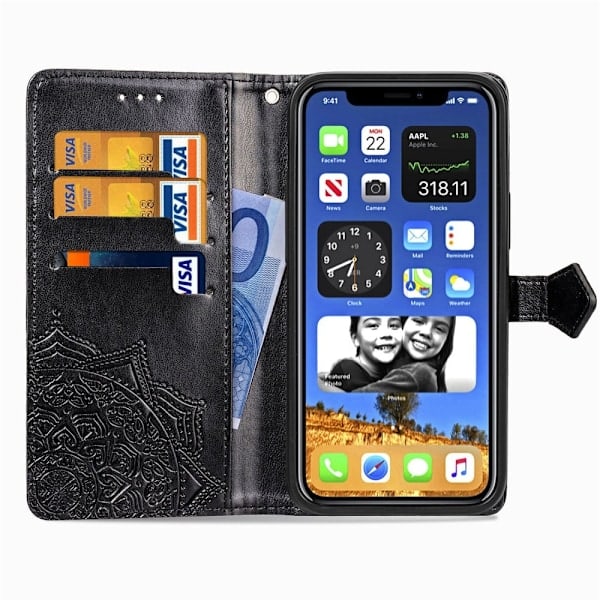 iPhone 12 Pro Max - Mandala Læder Etui - Sort Sort Sort