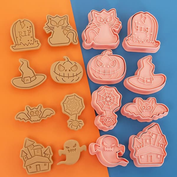 Halloween Cookie Cutter Sæt med 8, 3D Spøgelsesprægede Plaststempler, til Kagedekoration (Stil A)