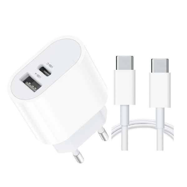 Dobbeltport USB-C Hurtigoplader til iPhone 17/16/15 med USB-C Kabel Vit white