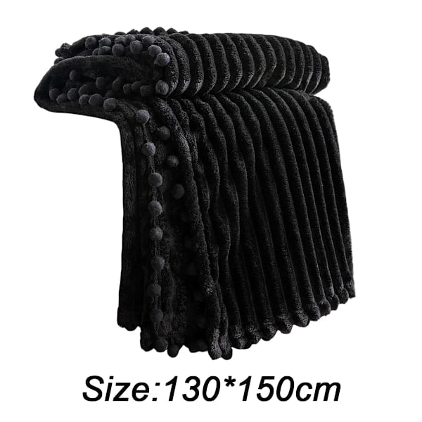 Fleecefilt Filtstorlek – 130x160 cm, Mjuk, Plyschig, Fluffig, Luddig, Varm, Mysig – Perfekt Filt för Soffa, Säng, Sittgrupp - med Pompom-Frans svart...