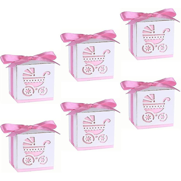 Paket med 50 presentaskar, presentask för nyfödda dop, festpresentaskar, presentask med band i rosa
