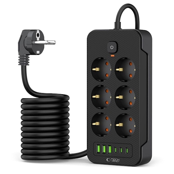 Tech-Protect 2 m Grenuttag med USB-C/USB-A Svart