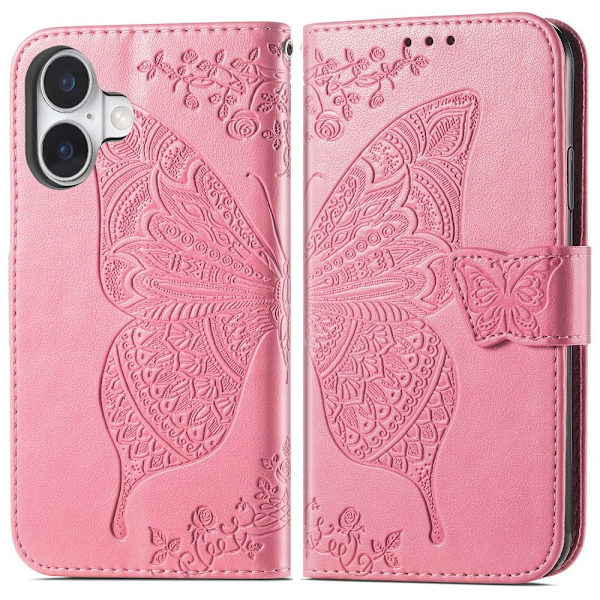 iPhone 16-deksel med sommerfugltrykk, rosa 65
