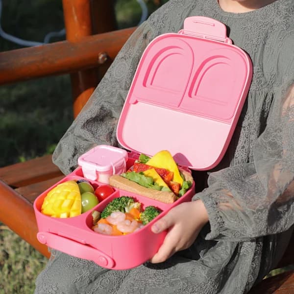 Matboks for barn 1200 ml, 3 rom ABS PP silikon snackbeholder med håndtak for skolepiknik camping, rosa