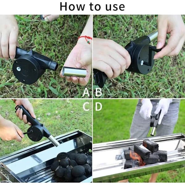 Manuel BBQ-luftblæser, håndsving i plast og metal til kulgrill, camping, pejs, sort