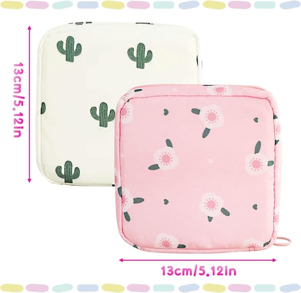 Menstruationsbindspose, vaskbar polyester med lynlås, bærbar opbevaring til kvinder, 2-pak, lyserød blomster & kaktus, 13 x 13 x 4,5 cm