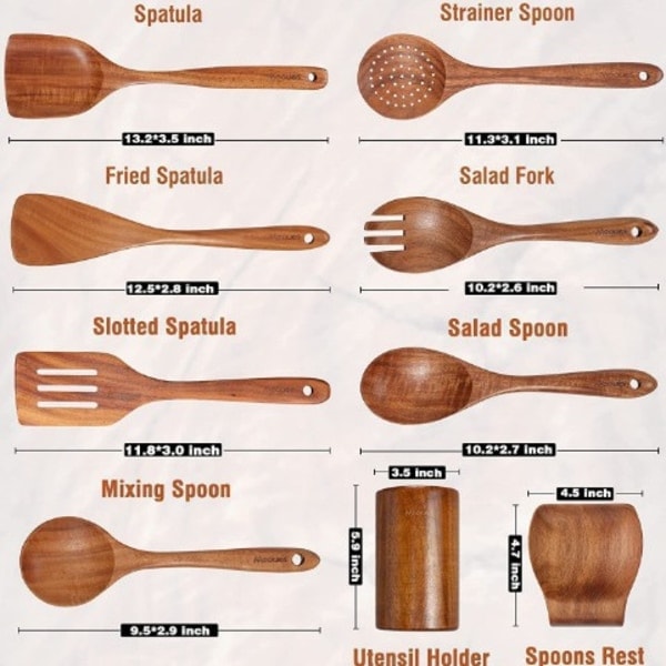 Set of 6 Wooden Kitchen Utensils, Scratch Resistant and Heat Resistant