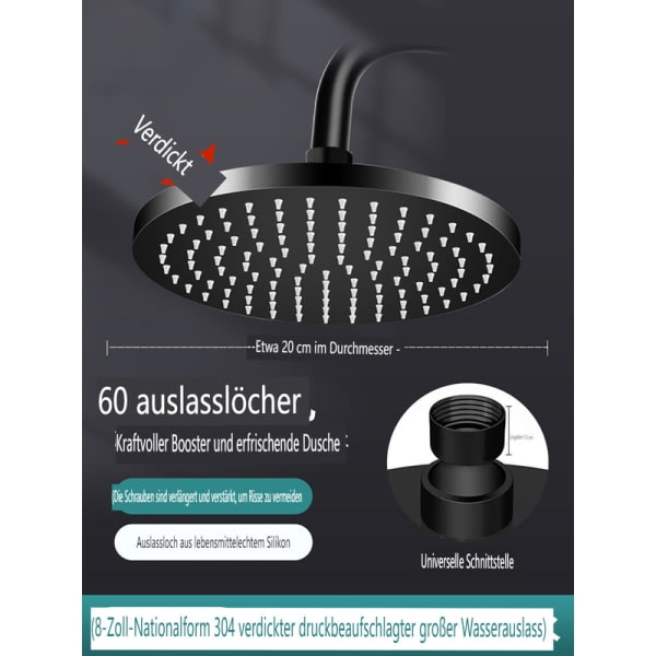 8 tommers regndusjhode, 304 rustfritt stål, tykt