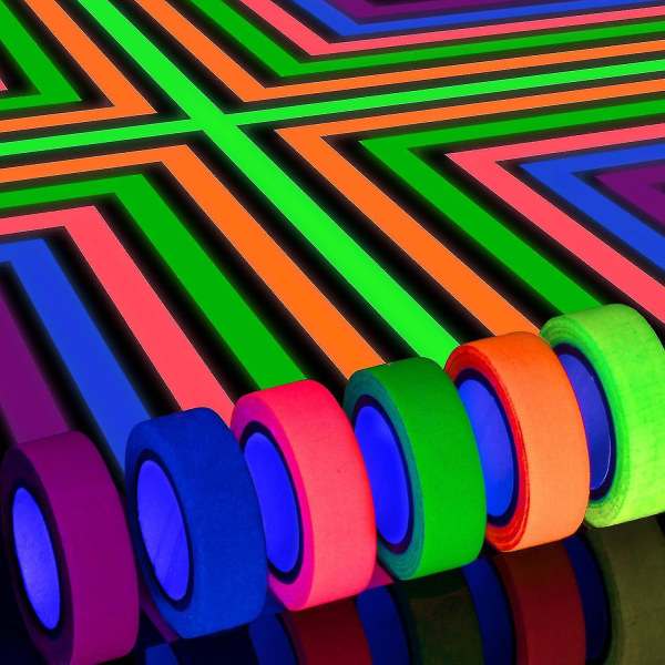 6 farger neon gaffer-teip, fluorescerende UV-svartlys glød i mørket-teip for UV-fest 15mm*5m