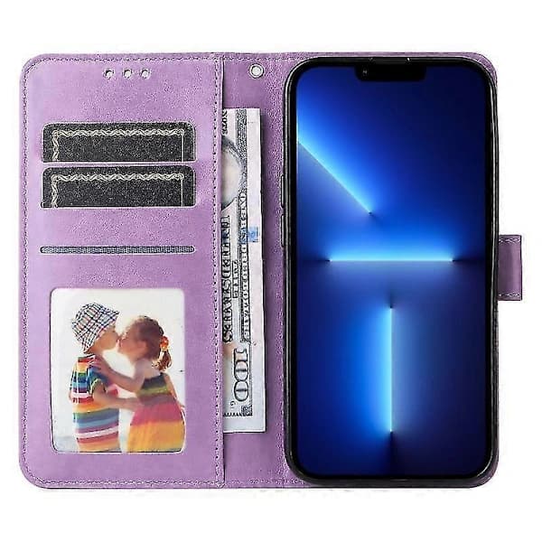 Præget solsikke læder telefoncover til iPhone 13 Pro (lilla)[co]