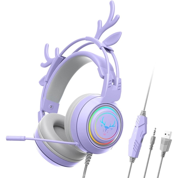 Hjorteøre Gaming Hodetelefoner, Kablet Rgb Bakgrunnsbelysning Gaming Headset Fashion Hifi Musikk Hjorteøre Over-ear Hodesett Med Mikrofon Stereo Lyd(lilla)