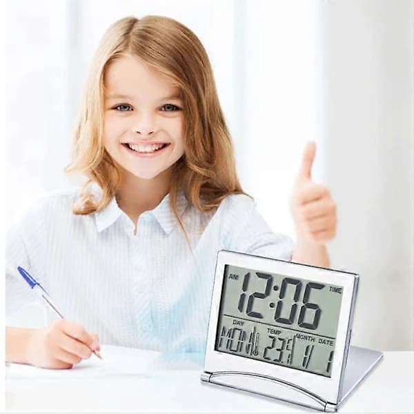 Digital LCD Bordsklocka Bärbar Temperatur Reseväckarklocka Vikbar Ultratunn Väckarklocka vit[CO]
