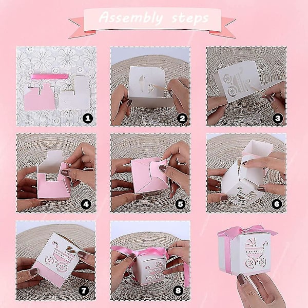 Paket med 50 presentaskar, presentask för nyfödda dop, festpresentaskar, presentask med band i rosa