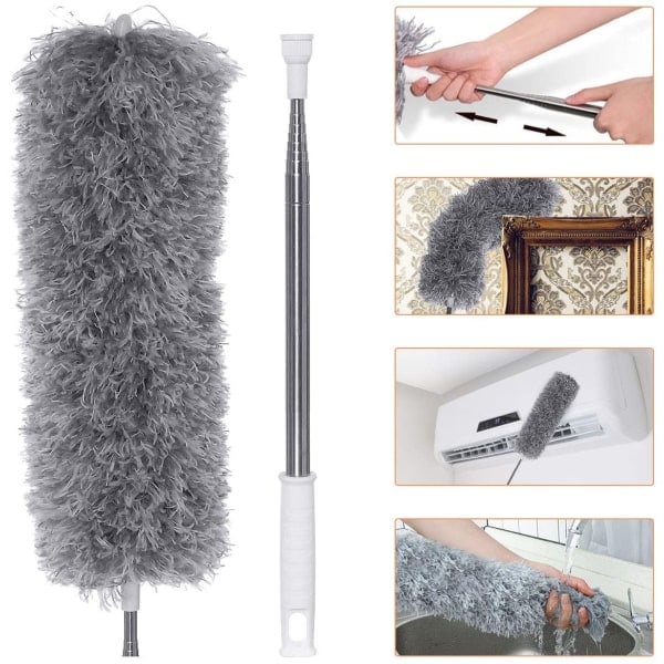 Dammtorkare teleskopisk tvättbar, mikrofiber dammvippa med teleskopskaft i rostfritt stål och böjbar hörnborste, dammduk