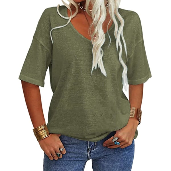 Kvinde Mode V-hals Halv ærmer Oversized T-shirt Solid Casual Løs Basic Toppe XL