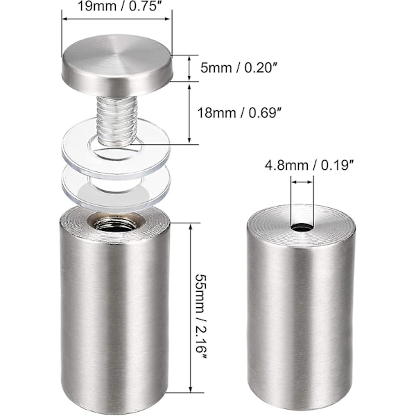 8 stk. 3/4 Dia X 2-1/2\"(19x60mm) afstandsskruer vægmonterede skilt holdere akryl glas negle