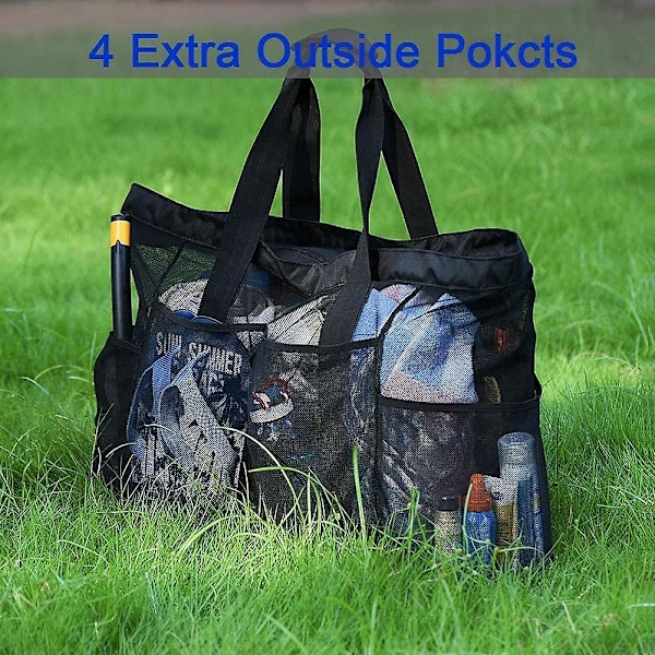 Oversized strandtaske, XL netpose med lynlås og lommer, perfekt til familieture til stranden SORT