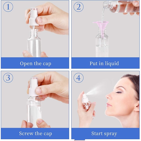 48 st sprayflaskor 50 ml genomskinliga tomma minidimsprayflaskor påfyllningsbar behållare fickstorlek sprayset eteriska oljor rese rengöringslösning