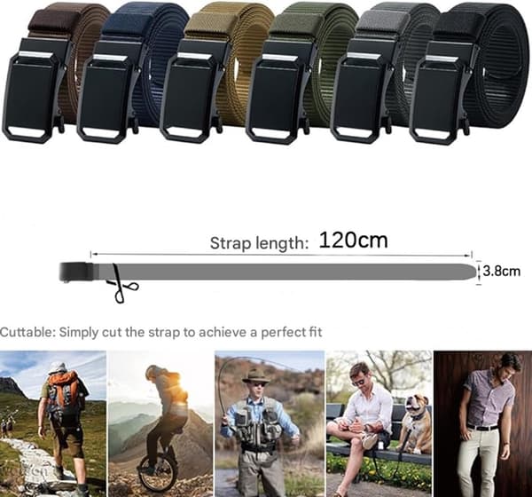 Herrbälte i nylon med automatisk spänne, hålfritt flätat justerbart arbetsbälte för vandring, utomhus och vardagsbruk, grönt, 120 cm, 2-pack