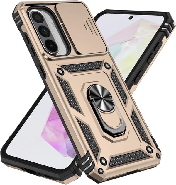 Samsung Galaxy A56 5G Telefondeksel, Støtsikker PC-rustning, Skyvbart Kameradeksel, 360° Ringstativ, Kompatibel med Bilfeste, Gull