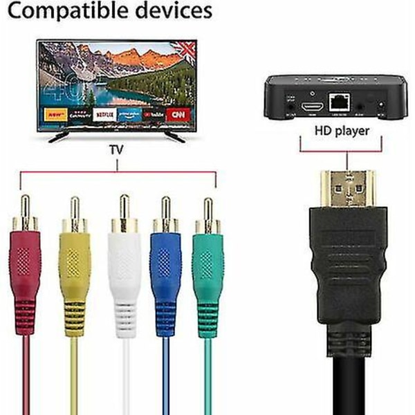 Hdmi-RCA-kaapeli, Hdmi-5 RCA-muunninsovitinkaapel, 1080p Hdmi-Av Hdtv Rca -komposiittivideoäänenmuunninsovitin Hdtv-televisiolle