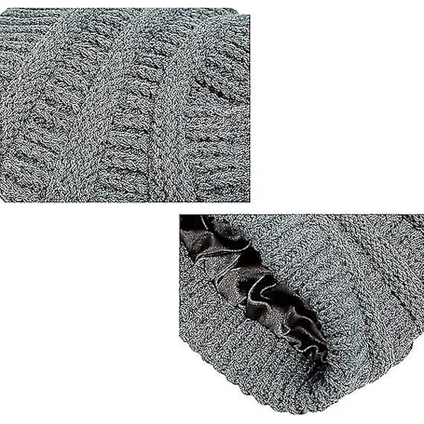 Vinter varm strikket hue satin foret kabel strik hue chunky slouchy skull cap til kvinder (grå)