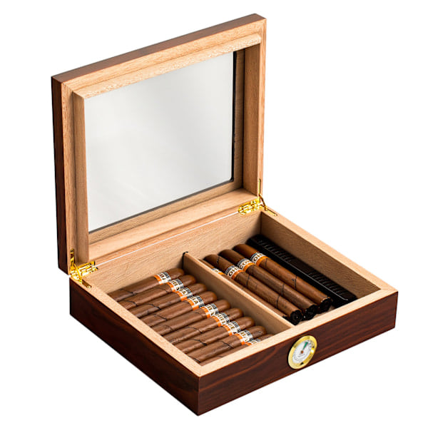Cigarkasse, glaslåg cigaretui med hygrometer og rumdeler, opbevaringsboks i cedertræ til 35 cigarer