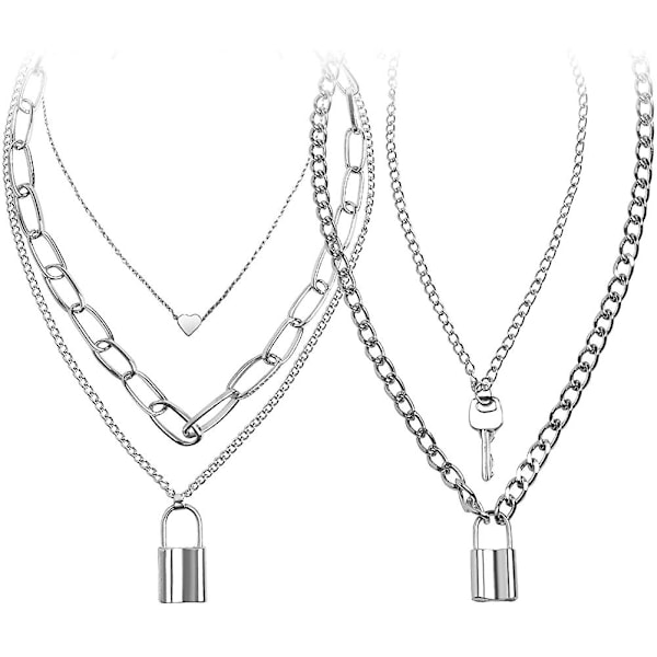 Lock Chain Necklace, Chains, Statement Lock Key Pendant Necklace Sliver Set Eboy