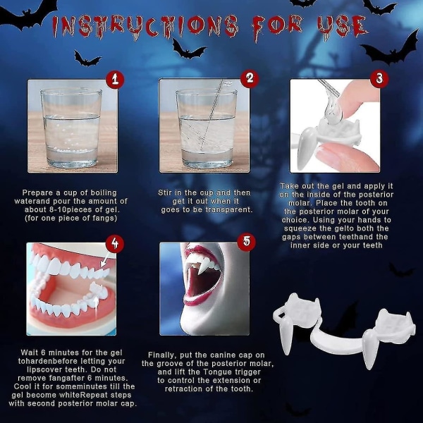 4 stk. Retractable Vampire Fangs Kit Teleskopiske Tenner Fangs Braces Falske Gebiss Medhalloween Party Fangs (3 stk Normal), Halloween Ornament Man