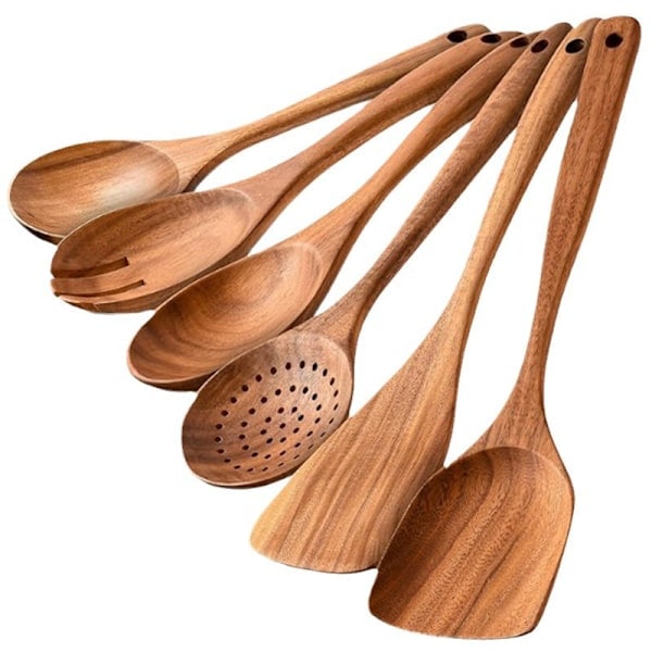 Set of 6 Wooden Kitchen Utensils, Scratch Resistant and Heat Resistant
