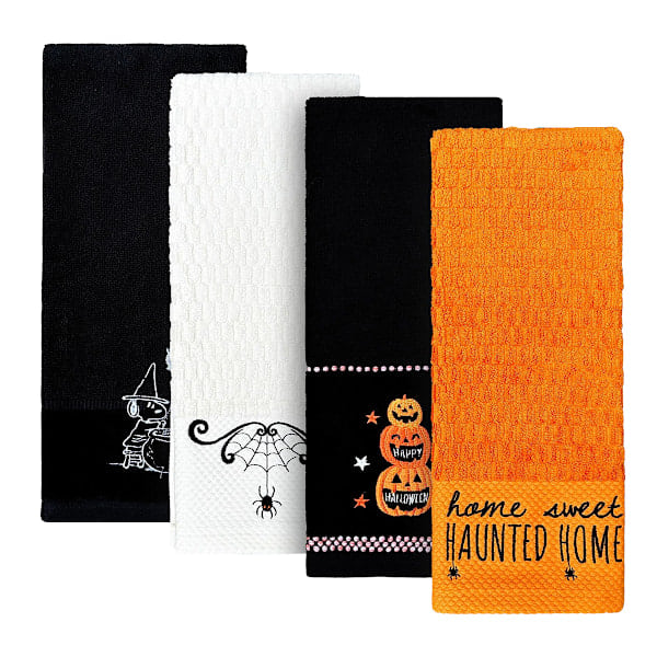 4 stk. Halloween Håndklæder Bomuld til Badeværelse Sæt Broderi 70*40cm Spøgelse Kranie Skelet Køkkenhåndklæder Edderkop Græskar til Trick or Treat Bord Style 2