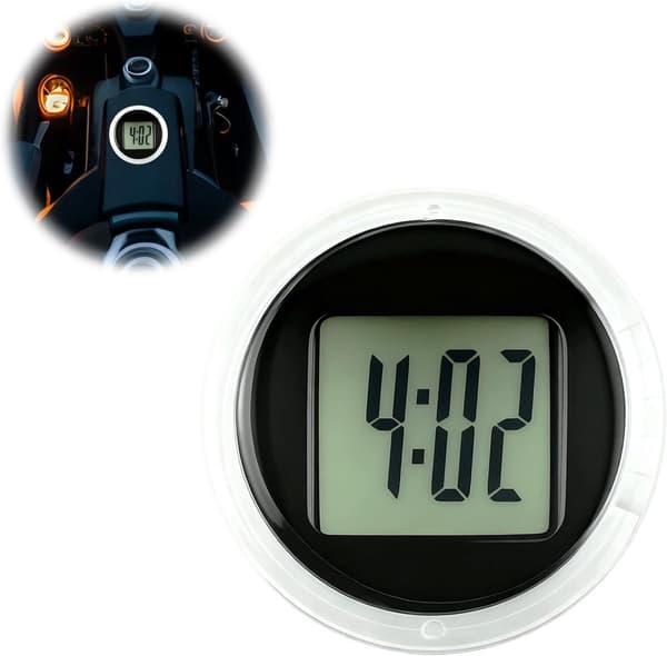 2-pak digitale motorcykelure, ABS, selvklæbende montering, 12-timers display, til motorcykler og scootere, sort, 27,5 mm diameter