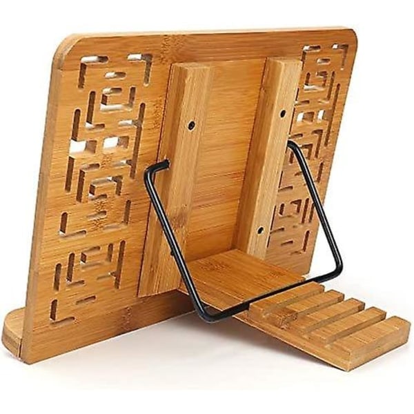 Bambusbogstøtte, bogholder med 2 metalliske sideholdere, foldbar og justerbar støtte, til iPad/tablet/kogebøger/skrivebordsdokumentholder (udhulet...