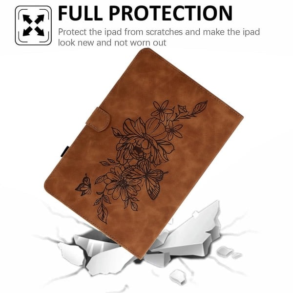 Beskyttende etui til Samsung Galaxy Tab A7 Lite 8,7 tommer T220 / T225, præget sommerfuglblomstermønster PU-læderetui med syninger, brun