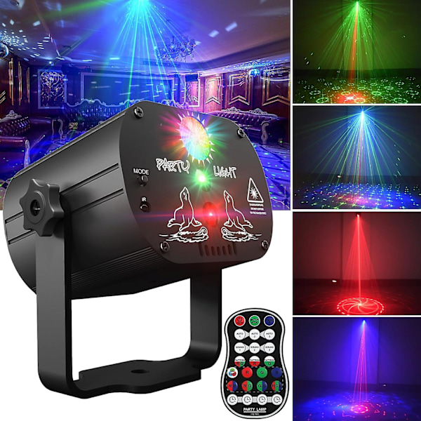 DJ Disco Stage Party Lights, Lydaktivert Laserlys RGB Flash Strobe Projektor med Fjernkontroll for Jul Halloween Dekorasjoner