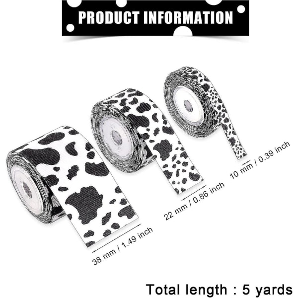 3 Rolls 15 Yards/ 13.5m Cow Print Polyester Ribbons, Black And White Wrapping Ribbon Animal Print