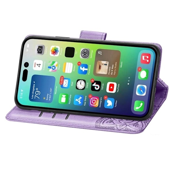 iPhone 15 Pro Skal Läder Tryckt Fjäril Lila