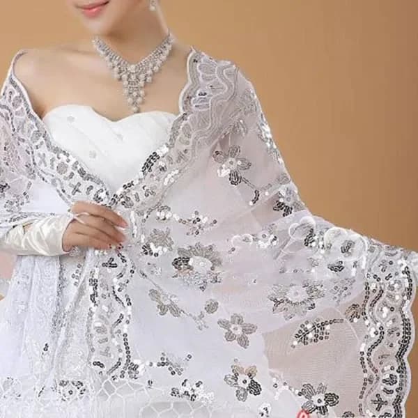 Ny brud bröllopsklänning dam Cheongsam sjal vit spets broderade paljetter Lång