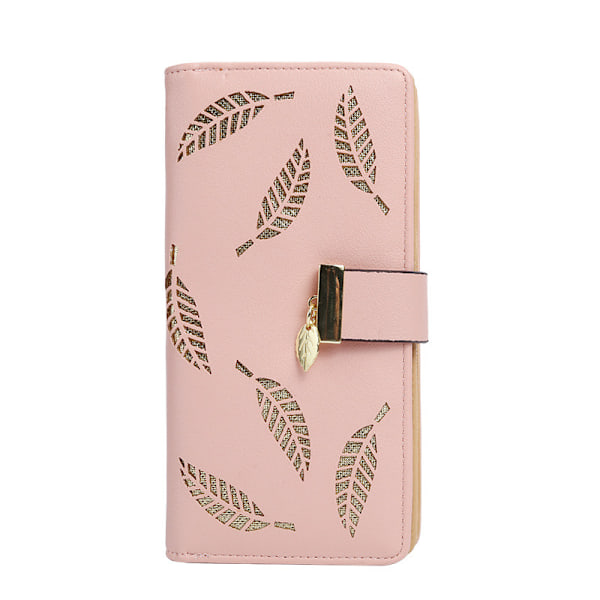 Dam lång plånbok med bladform, läderkortfodral, plånbok med dragkedja, elegant handväska för kvinnor - rosa