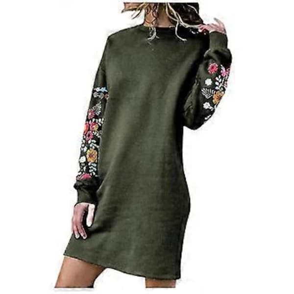 Dam Höst Vinter Casual Långärmad Blommig Broderi Sweatshirt Klänning Grön S[CO]