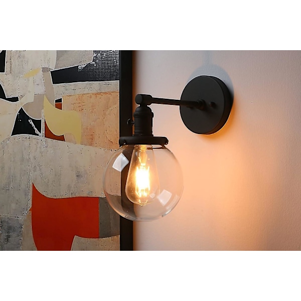 Industriell vägglampa Vintage vägglampa Armatur med rund klar glasskärm för loft, kök, matsal dekoration och belysning(svart)