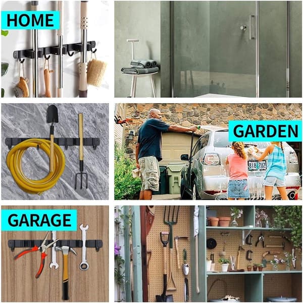 Kost- og moppeholder til vægmontering, SUS304 rustfrit stål-organizer med 4 stativer og 5 kroge, pladsbesparende opbevaring til køkken, garage, vaskerum, have