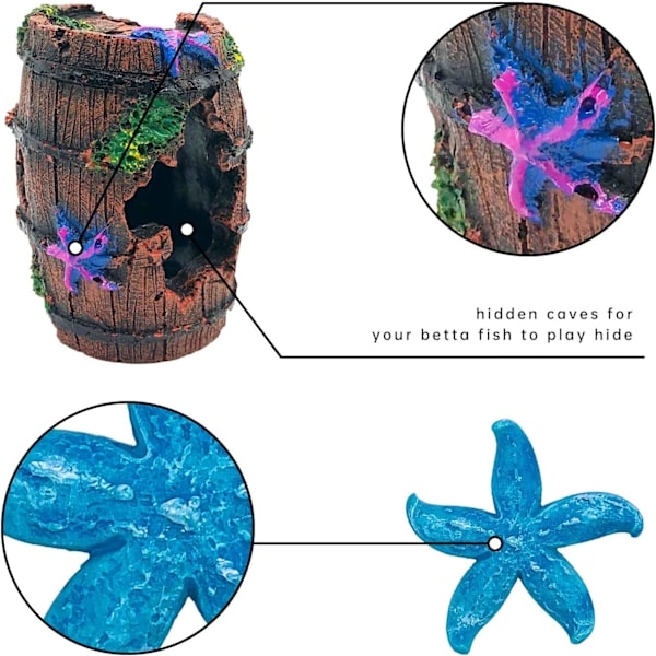 Star-Fish Ødelagt Tønne Dekor - Dekorasjoner for fiskeakvarium i harpiks, fiskehuleornament, 1 ødelagt tønne, 2 blå sjøstjerneornamenter