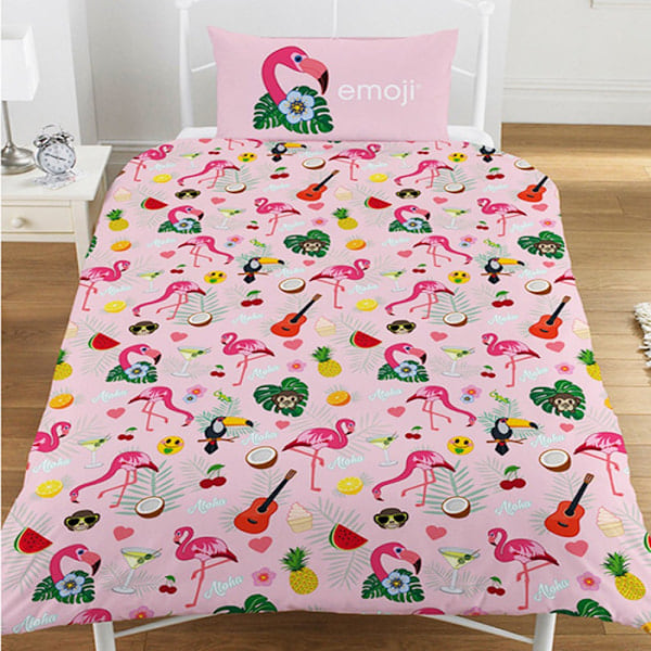 Emoji Offisiell Flamingo Vendbart Dynetrekk og Putetrekksett Dobbel Rosa/Hvit Pink/White Double