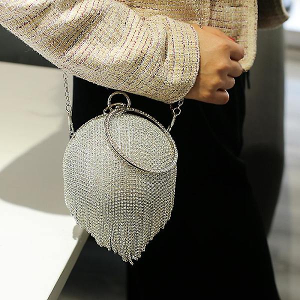 Silver Diamonds Rhinestone Round Ball Evening Bags For Women Fashion Mini Tassels Clutch Bag Ladies Ring Handbag Clutches